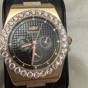 GLD Alpha ERAGold-Tone Crystal Bezel Watch with Black Dial